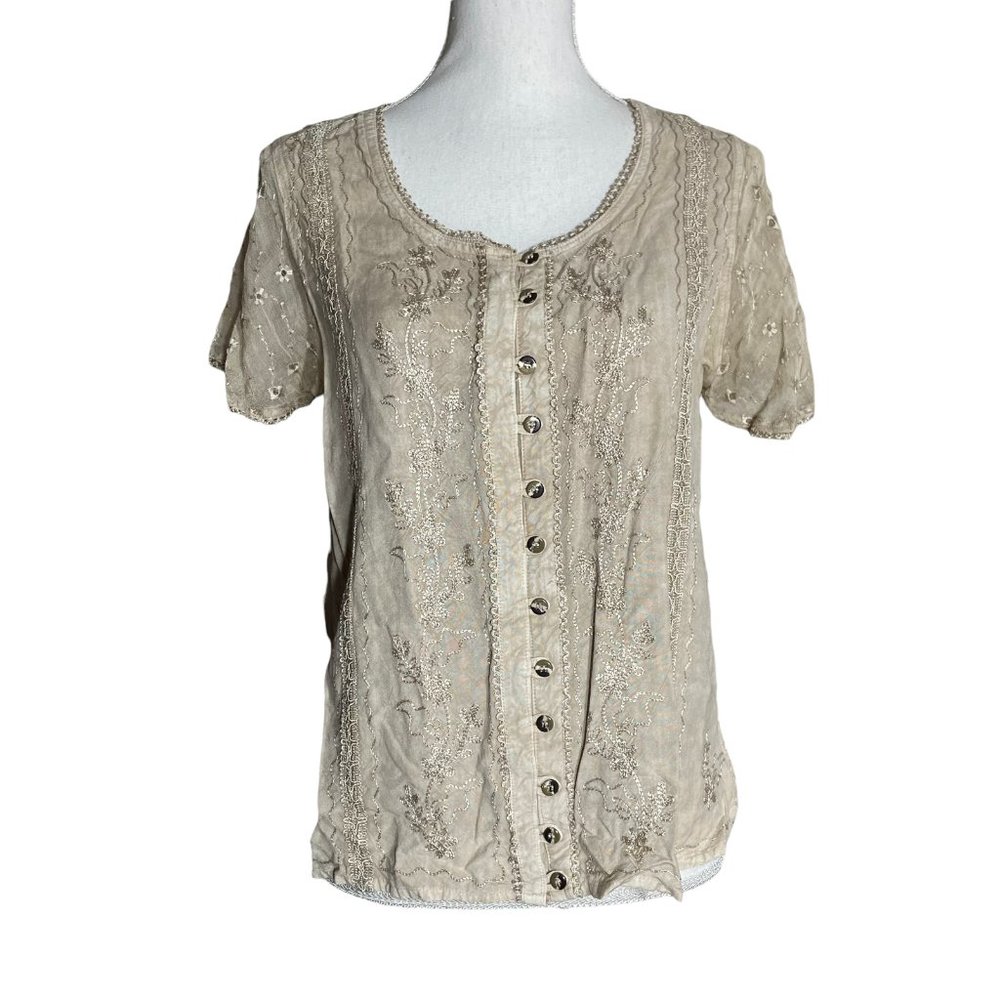 100% Rayon Embroidered Floral Blouse NWT VTG M Short Sleeve Beige Rouleau